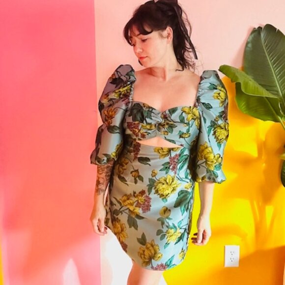 ASOS Salon Floral Jacquard Puff Sleeve Cut Out Dress - 8 - Picture 13 of 14